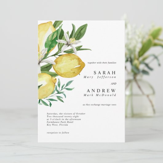 Lemon Greenery Modern Wedding Einladung (Stehend Vorderseite)