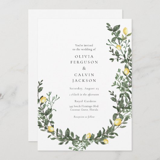 Lemon Greenery Vines Wedding Einladung (Vorne/Hinten)
