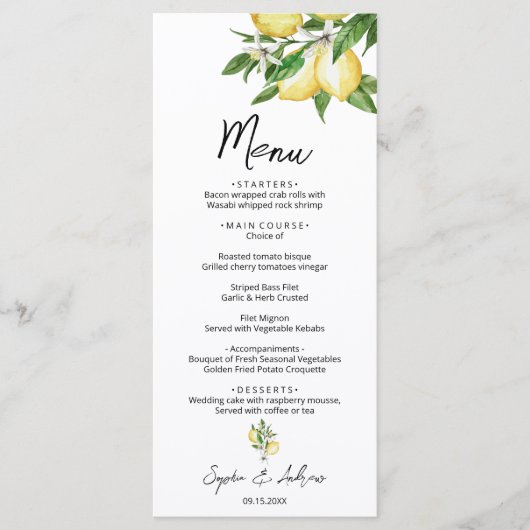 Lemon Greenery Wedding Menu Menükarte (Vorderseite)