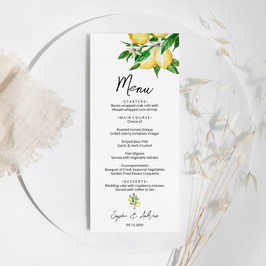 Lemon Greenery Wedding Menu Menükarte