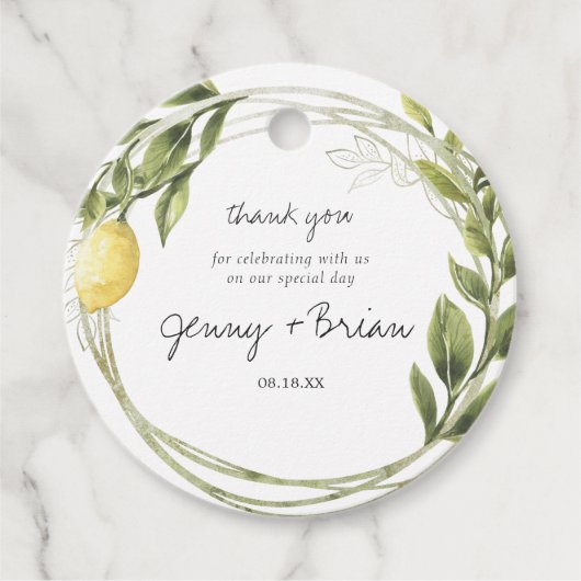 Lemon Greenery Wreath Wedding Vielen Dank Geschenkanhänger (Vorderseite)
