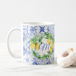 Lemon Greenery Wreath White Floral Blue Monogramm Kaffeetasse