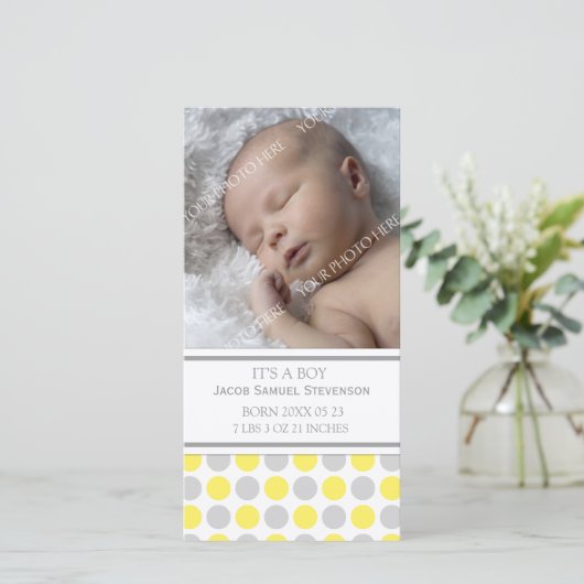 Lemon Grey Template New Baby Birth Ankündigung (Stehend Vorderseite)