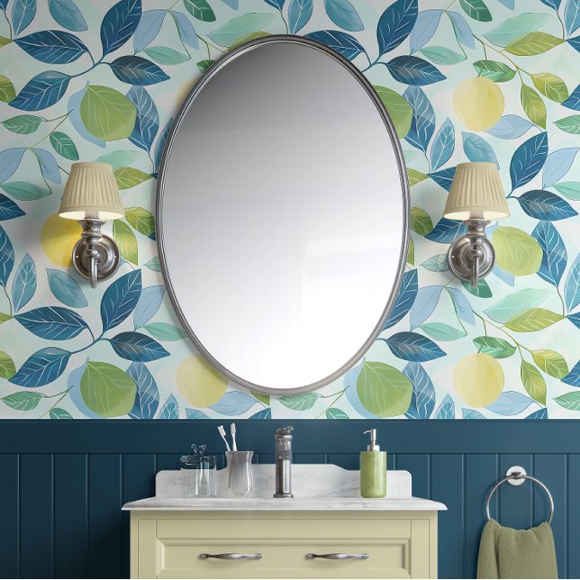 Lemon Grove Bliss - Blau, Grün, Gelb - Bio Tapete (Lemon Grove Peel and Stick Wallpaper)