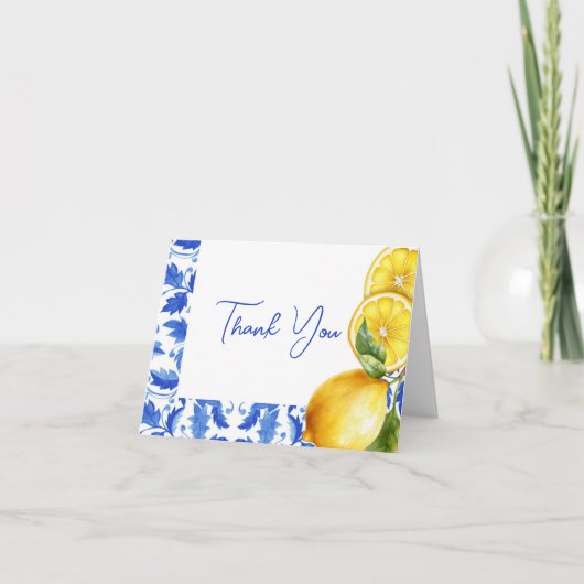 Lemon Italian Amalfi Blue Tile Baby Dusche Dankeskarte (Vorderseite)
