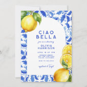 Lemon Italian Amalfi Blue Tile Brautparty Einladung (Vorderseite)