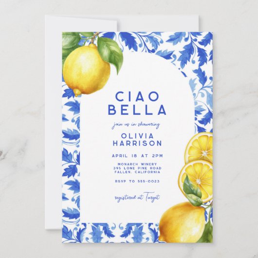 Lemon Italian Amalfi Blue Tile Brautparty Einladung (Vorderseite)