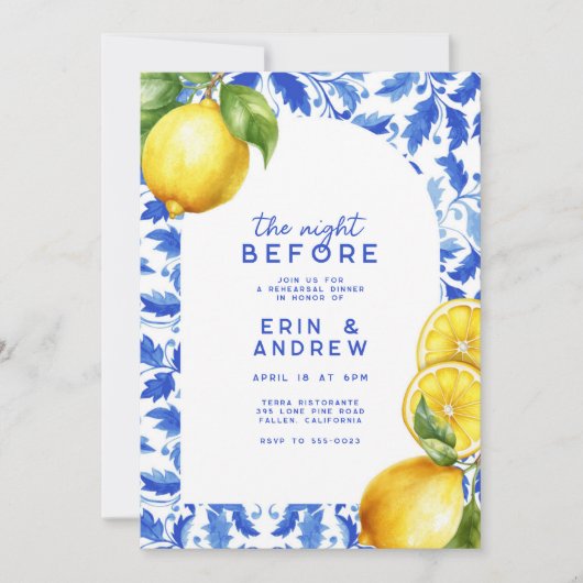 Lemon Italian Amalfi Blue Tile Probe Dinner Einladung (Vorderseite)