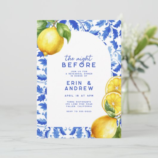 Lemon Italian Amalfi Blue Tile Probe Dinner Einladung (Stehend Vorderseite)