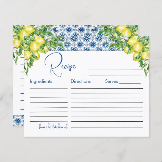 Lemon Italian Blue Tile Brautparty Rezept Card (Vorne/Hinten)