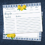 Lemon Italian Blue Tile Brautparty Rezept Card Postkarte<br><div class="desc">Eine Hübsche italienische Kachel- und Hochzeitskarte. Es macht Spaß,  ein Rezept auszufüllen und ins Brautparty zu bringen. Entworfen für Sie von BlackBerry Boulevard.</div>