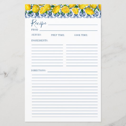Lemon Italian Blue tile Bridal Shower Recipe Card (Vorderseite)