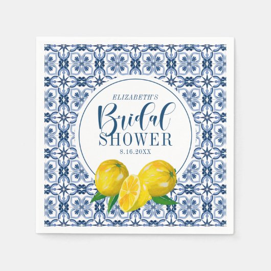 Lemon Italian Blue Tile Wedding Brautparty Serviette (Vorderseite)