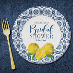 Lemon Italian Blue Tile Wedding Danke Sticker Pappteller<br><div class="desc">Eine hübsche Papiertafel aus Zitronenholz und italienisch-blaue Fliesen aus Brautparty. Ideal für Ihr italienisches Zitronenmeer-Brautparty. Entworfen für Sie von BlackBerry Boulevard.</div>