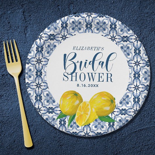 Lemon Italian Blue Tile Wedding Danke Sticker Pappteller