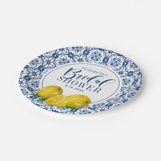 Lemon Italian Blue Tile Wedding Danke Sticker Pappteller (Schrägansicht)