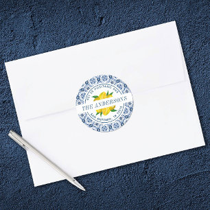Lemon Italian Blue Tile Wedding Rücksendeadresse Runder Aufkleber