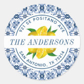 Lemon Italian Blue Tile Wedding Rücksendeadresse Runder Aufkleber (Vorderseite)