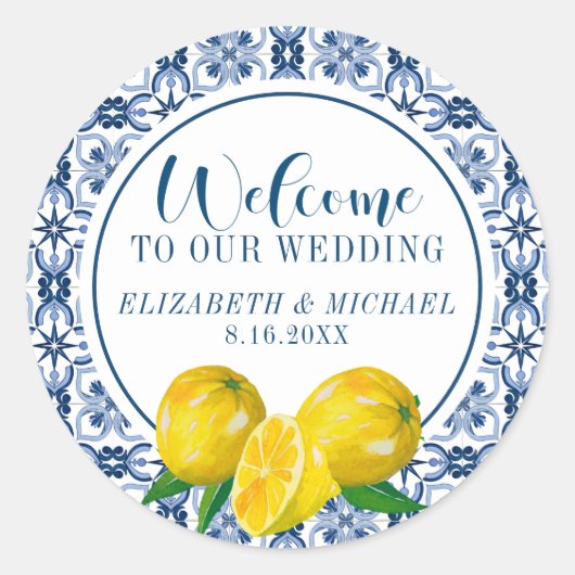 Lemon Italian Blue Tile Wedding Willkommensticker Runder Aufkleber (Vorderseite)