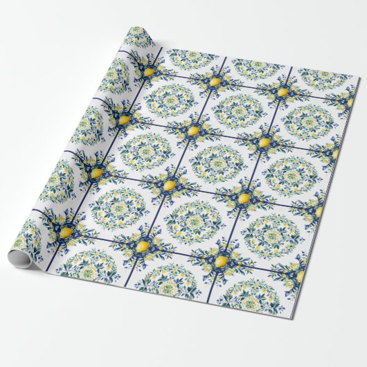 Lemon italienisches Tile Blau und Weiß Blumendekou Geschenkpapier (Ungerollt)