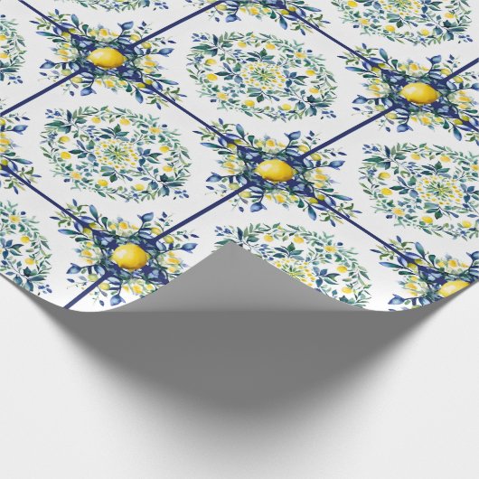 Lemon italienisches Tile Blau und Weiß Blumendekou Geschenkpapier (Ecke)