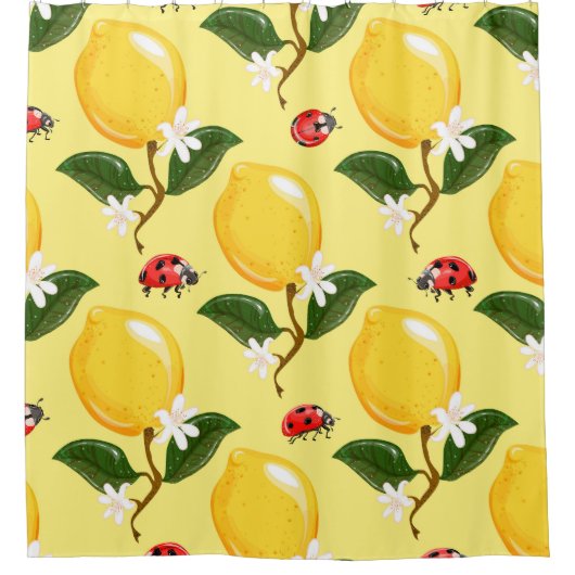 Lemon Ladybug: Tropisch Gelbes Muster. Duschvorhang (Vorderseite)