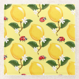Lemon Ladybug: Tropisch Gelbes Muster. Glasuntersetzer