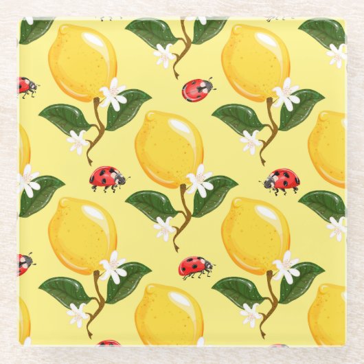 Lemon Ladybug: Tropisch Gelbes Muster. Glasuntersetzer (Vorderseite)