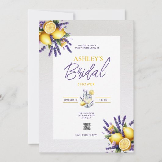 Lemon Lavender QR Code Bridal Dusche Einladung (Vorderseite)