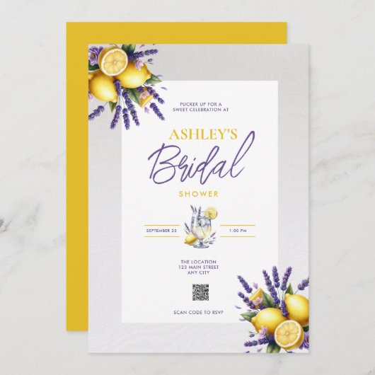 Lemon Lavender QR Code Bridal Dusche Einladung (Vorne/Hinten)