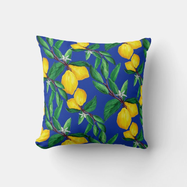 Lemon Leaf Yellow Green Blue Pattern Throw Pillow Kissen (Vorderseite)