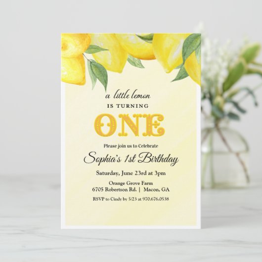 Lemon Lemonade Einladung zum 1. Geburtstag (Stehend Vorderseite)