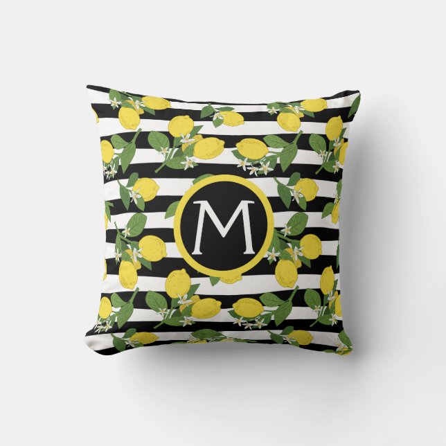 Lemon Lemons Citrus Monogram Black Stripes Kissen (Vorderseite)