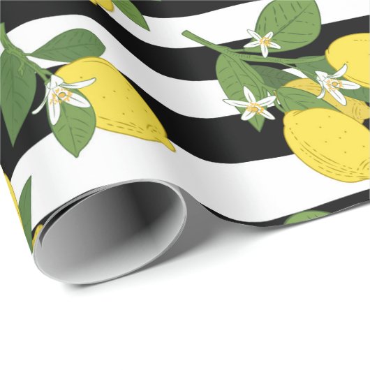 Lemon Lemons Gelbe schwarze Streifen Geschenkpapie Geschenkpapier (Rolleneckpunkt)