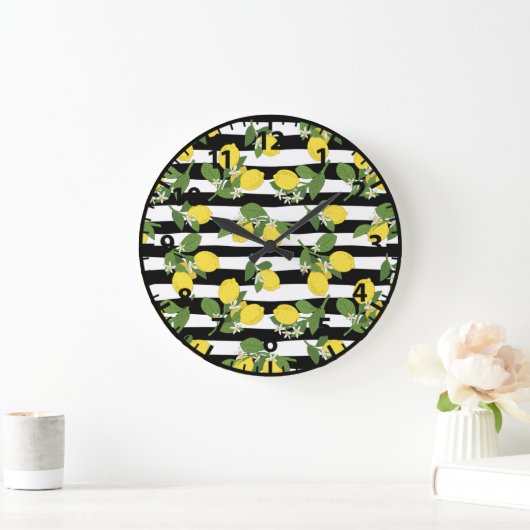 Lemon Lemons Gelbe schwarze Streifen Große Wanduhr (Zuhause)