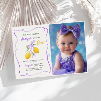 Lemon Lila Bow First Birthday Party Foto Einladung