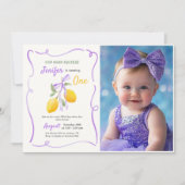 Lemon Lila Bow First Birthday Party Foto Einladung (Vorderseite)