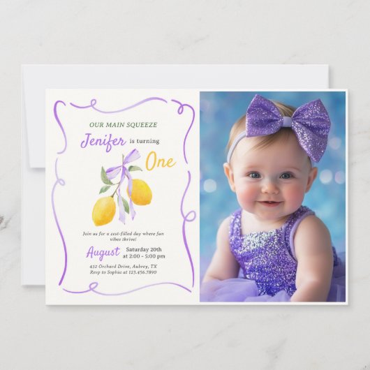 Lemon Lila Bow First Birthday Party Foto Einladung (Vorderseite)