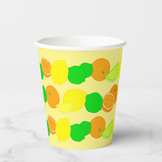 Lemon, Limon und Orangen Farbiges Zitronenmuster Pappbecher (Vorderseite)