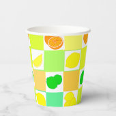 Lemon, Limon und Orangen Farbiges Zitronenmuster Pappbecher (Rückseite)