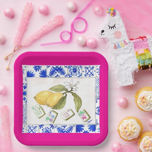 Lemon mahjong fuchsia pappteller (Party)