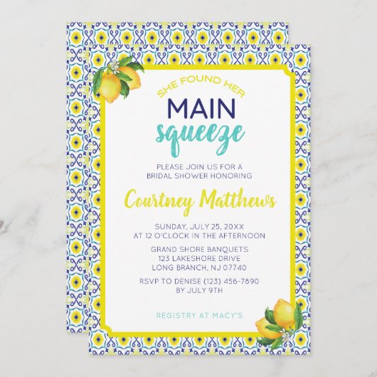 Lemon Main Squeeze Blue Brautparty Einladung (Vorne/Hinten)
