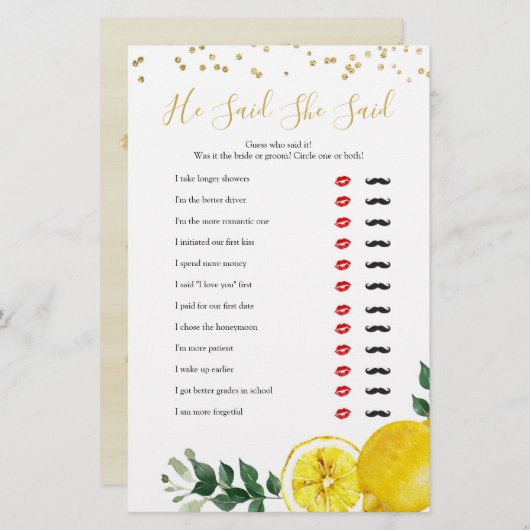 Lemon Main Squeeze Er sagte, sie sagte Spiele (Vorne/Hinten)