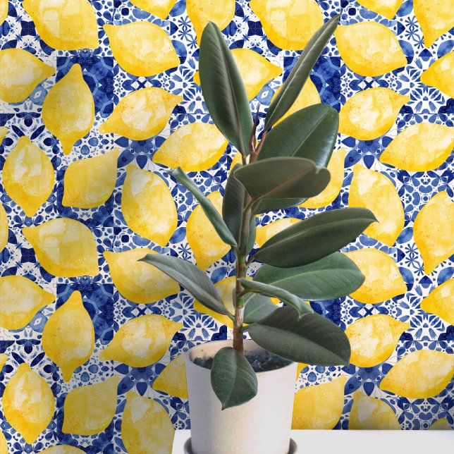 Lemon Mediteran Tile Blue Yellow Watercolor Tapete (Mediterranean blue and white tiles with yellow citrus lemons pattern art peel and stick wallpaper )