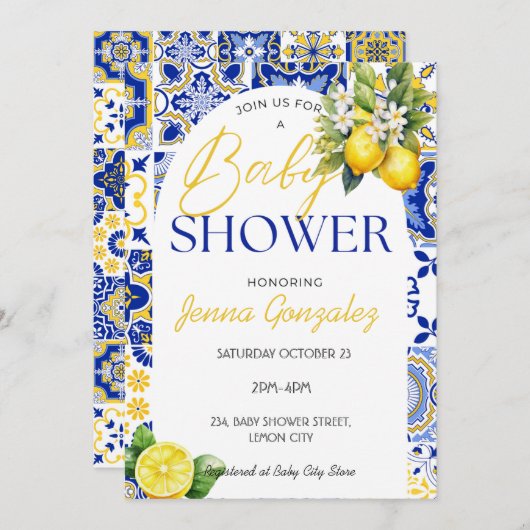 Lemon Mediterrane Blue Tiles Baby Dusche Einladung (Vorne/Hinten)