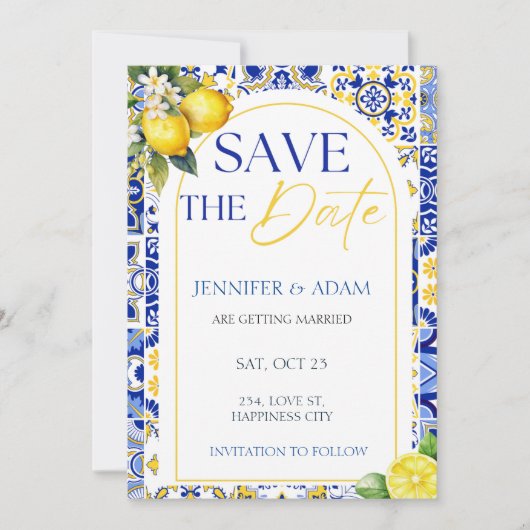 Lemon mediterrane Sommerhochzeit retten das Datum Einladung (Vorderseite)