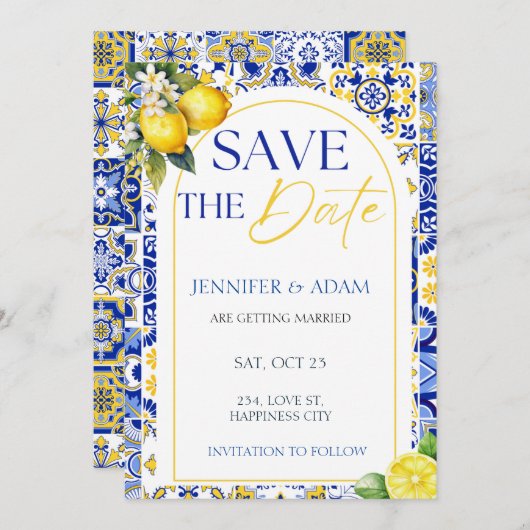 Lemon mediterrane Sommerhochzeit retten das Datum Einladung (Vorne/Hinten)