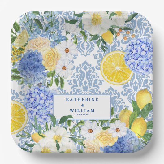Lemon Mediterrane Tile Blau und Gelb Pappteller (Vorderseite)