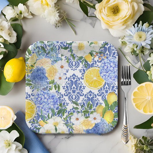 Lemon Mediterrane Tile Blau und Gelb Pappteller