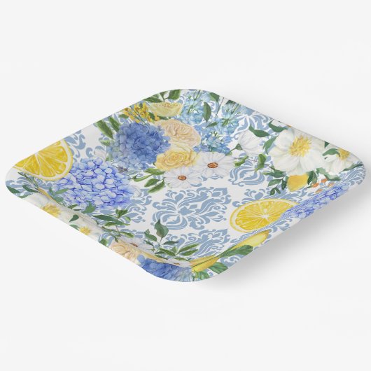 Lemon Mediterrane Tile Blau und Gelb Pappteller (Gewinkelt)